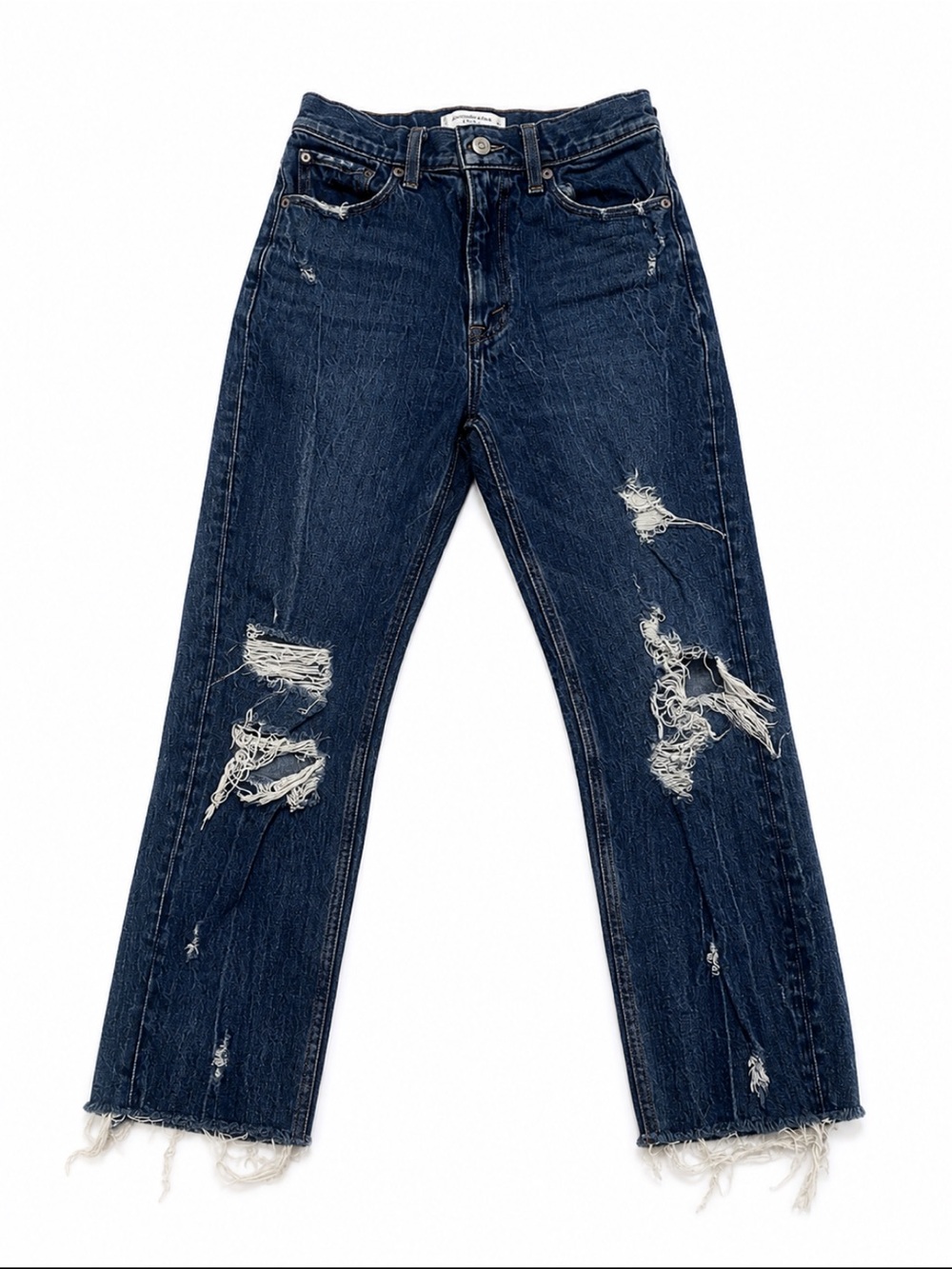 Abercrombie & Fitch High Rise Mom Jeans 26S Distressed Dark Wash Raw Hem